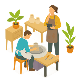 Illustration of a pottery class with a focused student on the pottery wheel and the teacher on the side looking at their tablet thinking about how Atoly will help them.